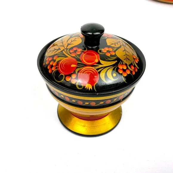 Vintage Russian Lacquerware Khokhloma Set Of 5 Wooden Items - Picture 9 of 16